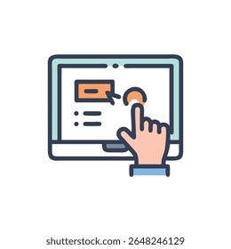 Ilustração mostrando uma mão interagindo com uma tela sensível ao toque do tablet. O estilo é plano e moderno com elementos gráficos simplificados.
