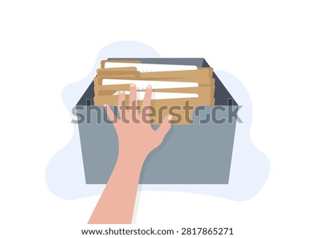 an illustration showing a hand opening a storage box containing paper document folders for office file management.