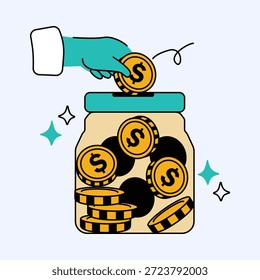 Ilustração que mostra uma mão a colocar moedas de dólar num frasco claro, representando a poupança e o crescimento financeiro. Esta imagem ilustra o conceito de depósito de dinheiro para segurança futura.