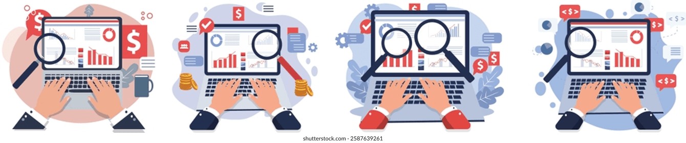 An illustration showing hands on a laptop analyzing financial charts and graphs with a magnifying glass, representing business analytics and investment tracking