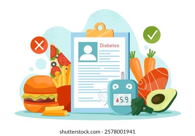 Illustration showing healthy vs unhealthy food choices, a diabetes report, and a glucose meter on a white background. Concept of diabetes management. Vector illustration