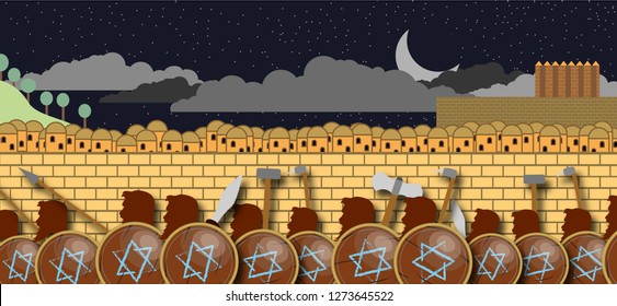 Illustration showing The hebrew Maccabees warriors making an ambush on the greek controlled city of Jerusalem. Their deeds are remembered in the Jewish holiday of Chanukah