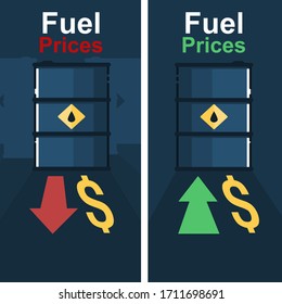 illustration showing higher and lower oil prices, with a green and red arrow, fuel tank Is paired, with the dollar symbol, crisis oil price drop.Flat design, Vector.