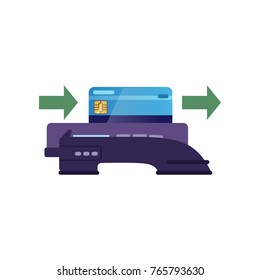 Illustration, die zeigt, wie man mit Plastikkarte über POS-Terminal bezahlen kann. Moderne Banktechnologien. Flaches Vektorsymbol einzeln auf Weiß.