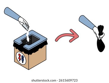 An illustration showing how to use an emergency toilet during disasters.