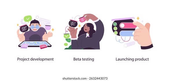 Ilustração mostrando as fases principais de um projeto de software, incluindo desenvolvimento, teste beta e lançamento final do produto com elementos e código de UI.