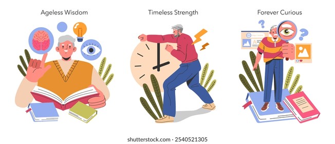 Uma ilustração mostrando as principais qualidades de sabedoria, força e curiosidade, vitais para o crescimento pessoal