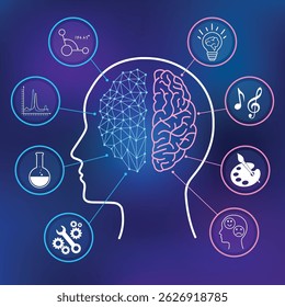 Illustration showing left and right brain functions with icons representing logic, creativity, emotions, and science.