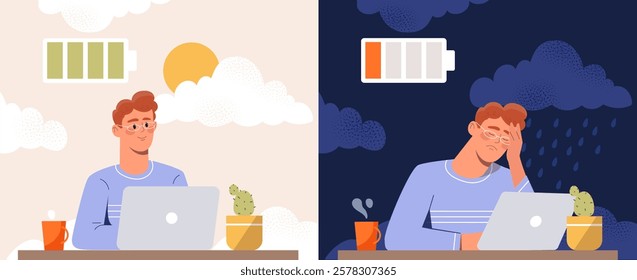 Illustration showing a man at a desk with a laptop, first energized in daytime, then fatigued at night, symbolizing energy levels and mood changes. Vector illustration