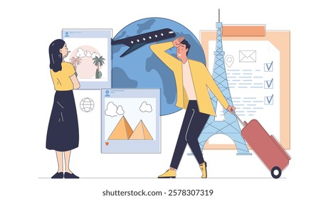 Illustration showing a man with luggage and a woman observing travel images, set against a globe, Eiffel Tower, and checklist background. Concept of travel planning. Vector illustration