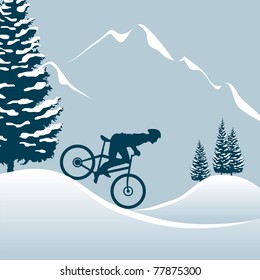Illustration showing man mountain bike in winter