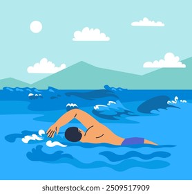 Una ilustración que muestra a un hombre nadando en aguas abiertas con montañas al fondo. Esta Imagen de Vector es ideal para deportes acuáticos y fitness.