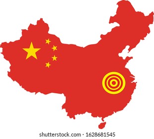 Illustration showing map of China and circles centered around wuhan , epicenter of corona virus outbreak. Vector illustration, deadly chinese ncov virus