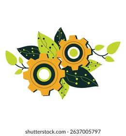 Illustration showing mechanical gears intertwined with green leaves symbolizing eco-friendly technology and sustainable innovation connecting nature with machinery.