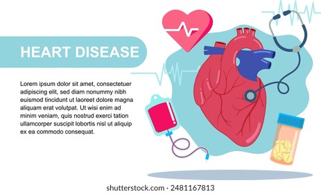 Ilustración que muestra los Elementos médicos relacionados con las enfermedades cardíacas, incluyendo un corazón, estetoscopio, bolso intravenoso, píldoras y un ícono de la frecuencia cardíaca. Ideal para contenido educativo y médico.