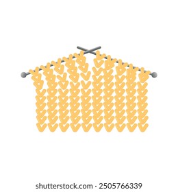 Illustration showing metal knitting needles and yellow knitting on a white background