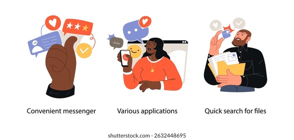 Illustration showing modern business tools including chat apps, mobile applications, and fast file search for productivity.