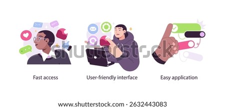 Illustration showing modern user interface benefits like fast access, intuitive design, and simple functionality using vibrant visuals and icons.
