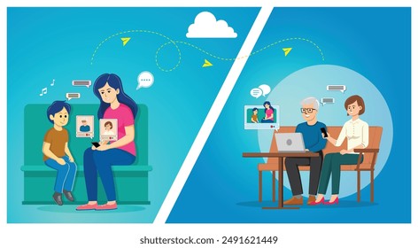 An illustration showing a mother and child video calling their grandparents, who are sitting with a laptop. The image highlights the use of technology to bridge generational gaps and facilitate commun