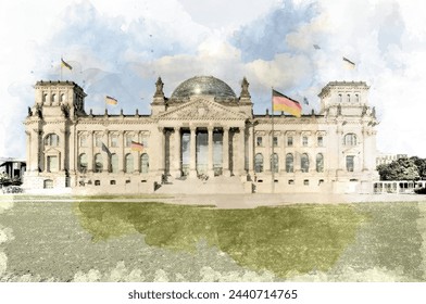 Ilustración que muestra una antigua imagen vintage del edificio alemán del Reichstag en Berlín. Ilustración vectorial. 