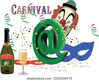 Illustration showing online carnival celebration with at symbol, confetti, clown, champagne and mask