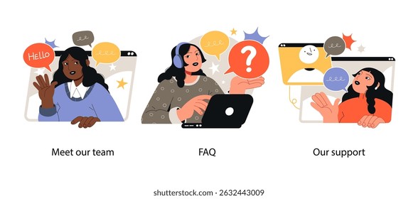 Illustration showing online support team, FAQ service, and customer assistance through virtual communication and help channels.