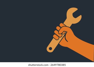 Illustration showing an orange hand holding a wrench on a dark background, representing repair, maintenance, and industry themes.