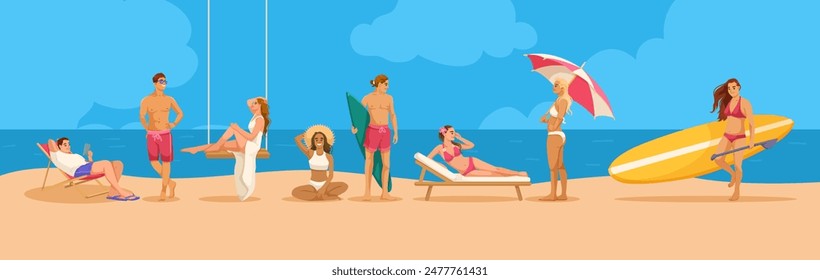 Illustration showing people enjoying a beach day against a blue sky and sea background. Concept of summer and leisure. Vector illustration