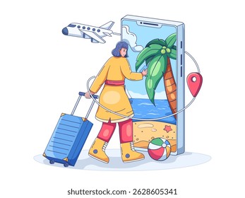 ilustração mostrando uma pessoa puxando uma mala em direção a uma praia tropical que aparece em uma tela de smartphone. 
O conceito combina viagens e tecnologia, representando o planejamento de férias digitais