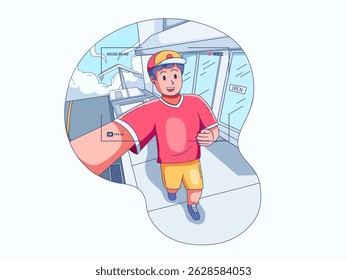 Illustration showing a person vlogging or IRL streaming while walking through an urban environment. 
The person holding a camera or smartphone to record the content.