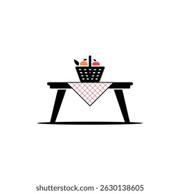 Illustration showing picnic concept with black table draped with red checkered cloth. Black picnic basket with apple and orange placed on the picnic table.