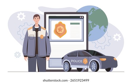 Illustration showing a police officer standing beside a patrol car, with a digital badge display on a screen and a global background. Concept of law enforcement. Flat vector illustration