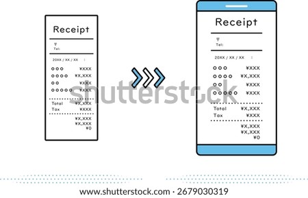 An illustration showing the process of transferring information from a paper receipt to a smartphone, an illustration of a smart receipt system