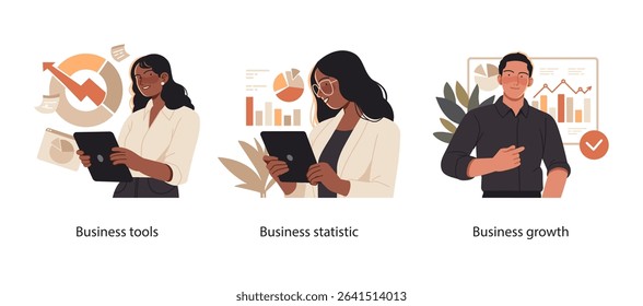 Illustration showing professionals using digital tools and statistics to analyze performance metrics and drive business growth strategies.