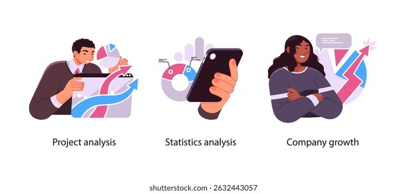 Ilustración que muestra el análisis del proyecto, el seguimiento de estadísticas en dispositivos móviles y el crecimiento del negocio con gráficos ascendentes y profesionales confiados.