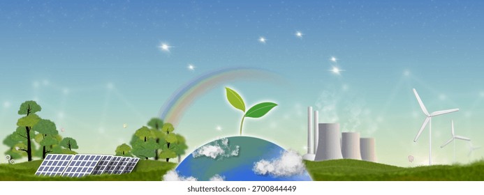 Ilustração mostrando fontes de energia renovável — solar, eólica e nuclear — se harmonizando para um planeta sustentável e verde. Símbolo de esperança, equilíbrio e progresso ambiental.