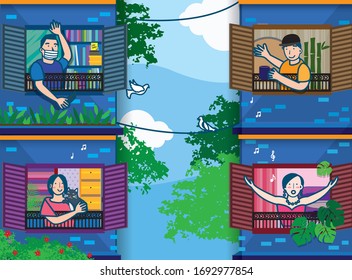 An Illustration Showing The Residents Practising Social Distance By Staying At Home And A Distance Around Two Metres From Other People During The Covid 19 Movement Control Order Period. 