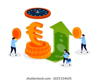 Ilustração mostrando o momento certo para investir em moeda euro, destacando o crescimento financeiro, câmbio, poupança e oportunidades econômicas na Europa. Pode ser usado para banner, aplicativo móvel, site