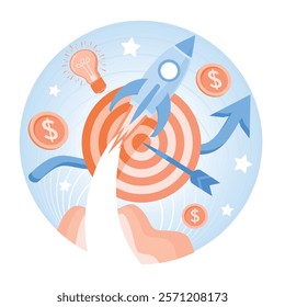 Illustration showing a rocket with an arrow board surrounded by ideas, growth indicators, and money symbols. Showcasing business growth, innovation, and strategic success. Startup launch concept.