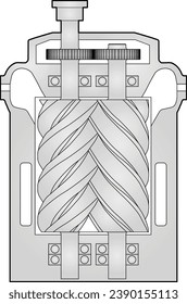 Illustration showing a screw compressor with roller element bearings and coupling flange