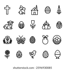 Illustration showing a set of black icons for the Easter holiday, on a white background