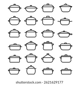 Illustration showing a set of black icons of various cooking pots, on a white background