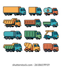 Ilustração mostrando um conjunto de caminhões coloridos de diferentes tipos e formas, sobre um fundo branco