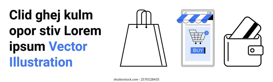 Illustration showing a shopping bag, a mobile device with a shopping cart icon and buy button, and a wallet with a credit card. Ideal for e-commerce websites, mobile payment solutions, online