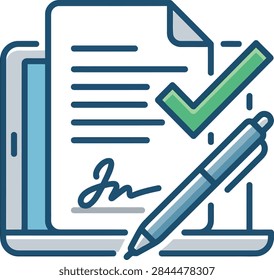 Illustration showing a signed contract with checkmark and pen on tablet device
