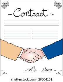 Illustration showing a signed contract and two shake hands in token of alliance and collaboration
