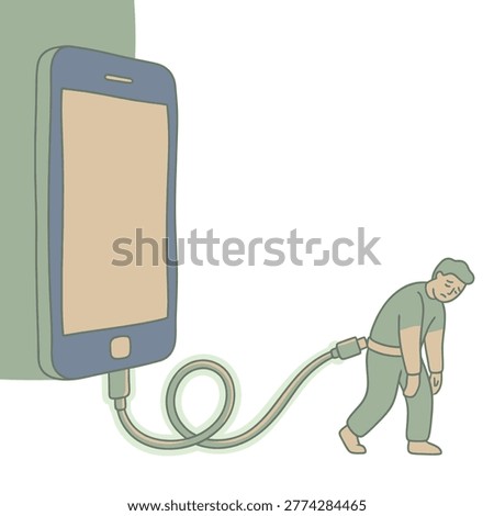 Illustration showing a small, exhausted individual connected to a giant mobile phone by a charging cable, representing digital dependence and burnout.