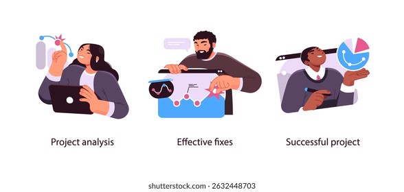 Illustration showing the stages of analyzing a project, applying effective fixes, and achieving successful project outcomes with growth metrics.