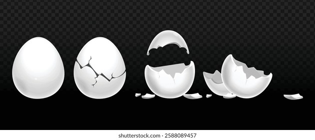 Illustration showing the stages of an egg breaking, from whole to fully cracked and shattered. Perfect for cooking, science, or transformation-themed designs. Ideal for educational or creative visual