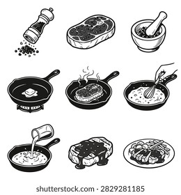 Illustration showing the steps involved in cooking a steak from raw to plated meal.